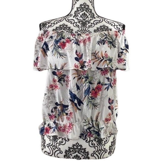 AMERICAN EAGLE OUTFITTERS RUFFLED BARDOT NECKLINE FLORAL SHORT SLEEVE WOMENS MED - Picture 1 of 8